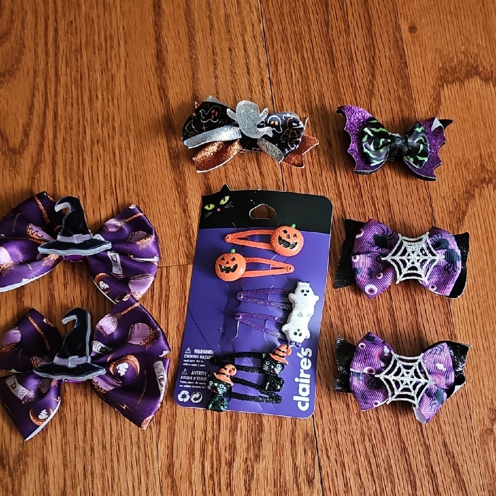 Claire's Purple & Orange Halloween Hair Clip Set with Spiderwebs and Pumpkins